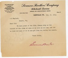 1913 Swanson Brothers Company Wholesale Grocers Letterhead Danville VA Cider