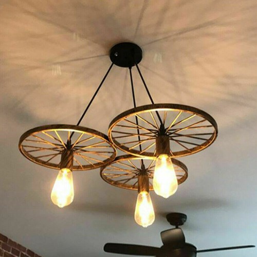 Vintage 3 Way Wheel Ceiling Light Industrial Hanging Pendant Lights for Cafe Bar - Picture 11 of 33