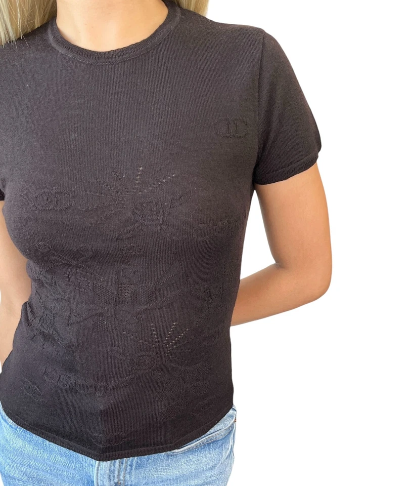 Suéter Tejido Manga Corta CHANEL Vintage 01A Logo CC #38 Negro Lana Rango AB Foto 3 de 4