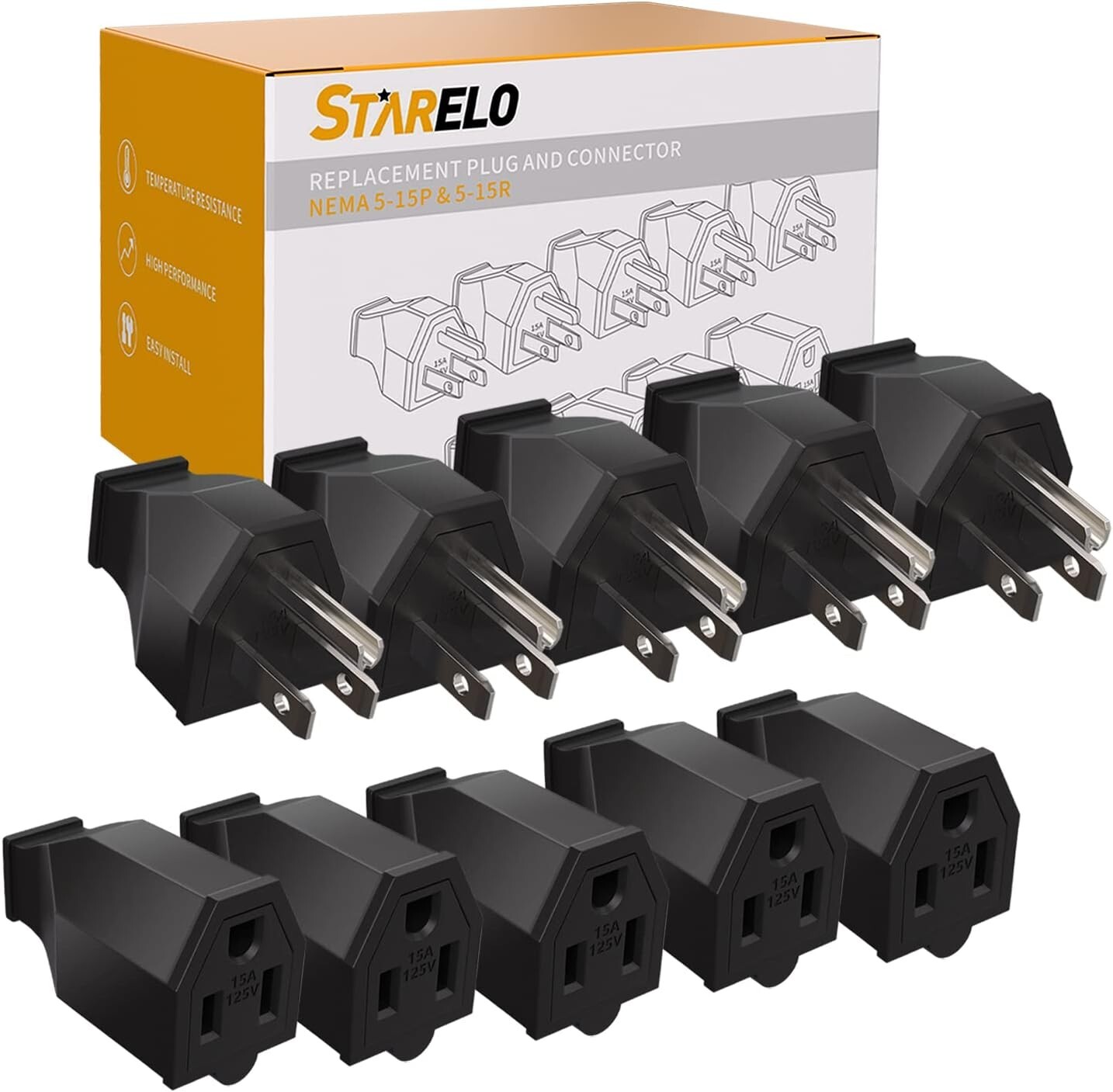 Quality Black Male & Female Connector Set for 15A Extension Cords - 5 Piece Pack