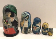 Russian Matryoshka 5 Nest Doll Hand Crafted &Painted  After MARC  CHAGALL Signed