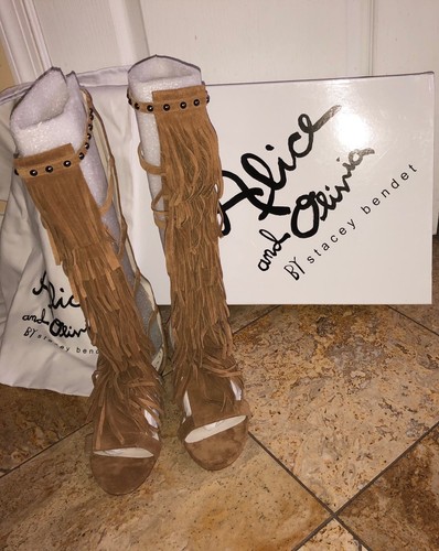 Alice + Olivia Paula Suede Fringe Gladiator Sandal Shoes US Womens 37 7 New $398 - Picture 9 of 12