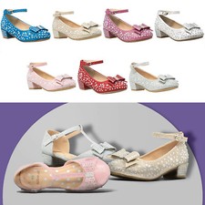SOBEYO Kids Dress Shoes Girls Glitter Rhinestone Bow Mary Block Heel Pumps Pink