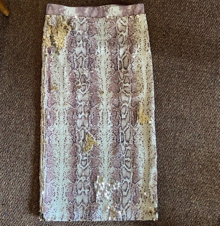 Le Superbe Sequin Pencil Skirt Diva Sz S Gold Taupe, Ivory Snakeskin Midi  #p97