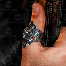 925 Sterling Silver Gray Wolf Men's Ring with Flags of 17 Turkish States