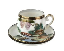 Japanese Lithophane Cup & Saucer Grapes Bridge River Secret Geisha Girl