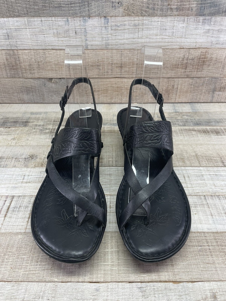 Born Black Strappy Leather Low Wedge Toe Loop Sandals Heels