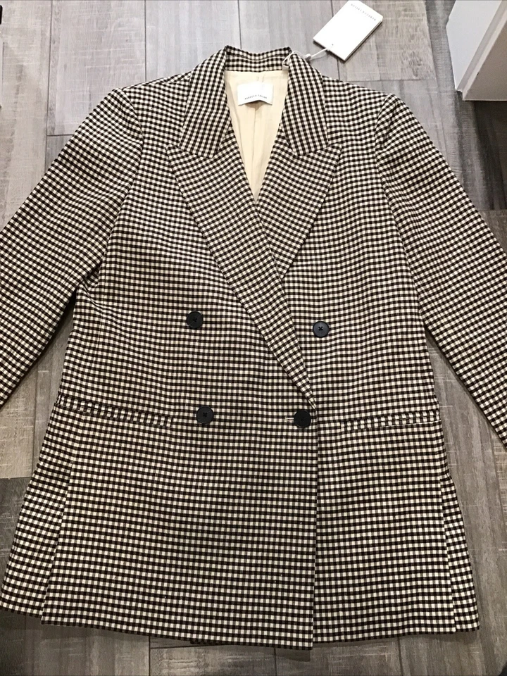 Blazer a Cuadros Rebecca Taylor Espresso Marrón Combo Lino Talla 4 Nuevo con Etiquetas $495 Foto 4 de 4