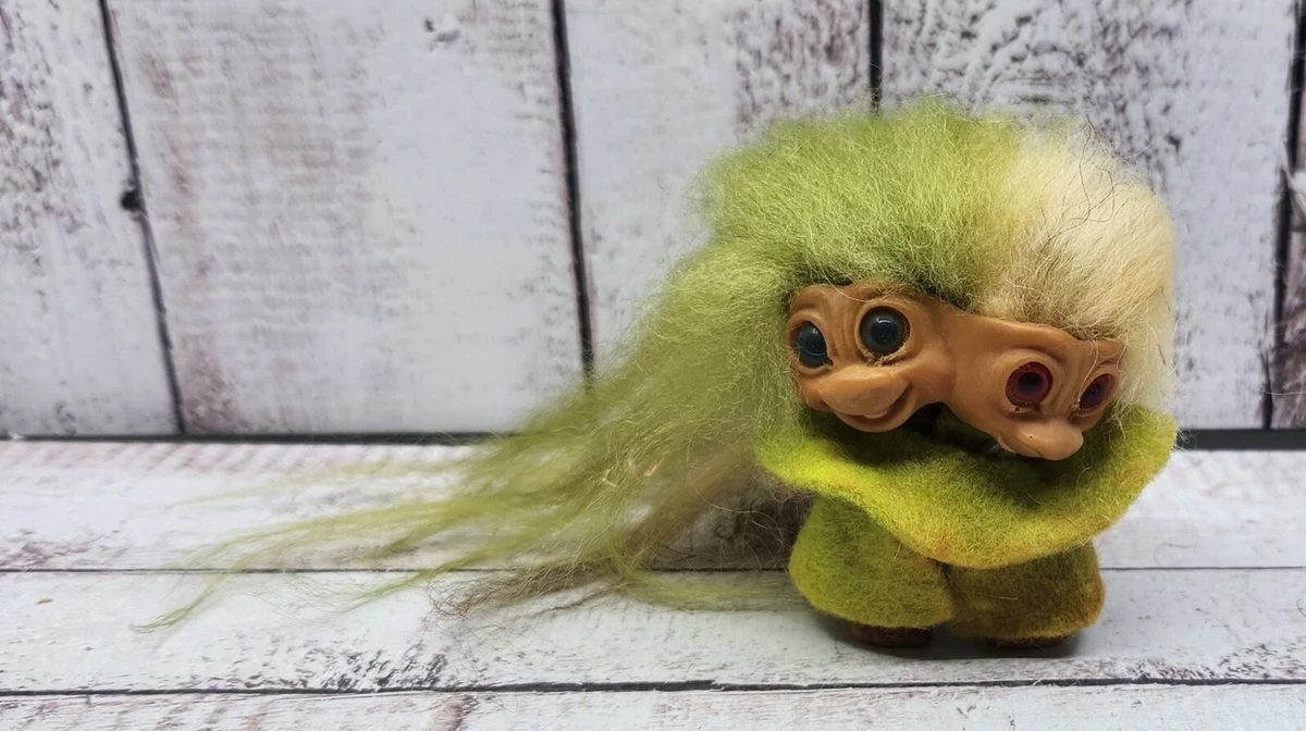 Vintage Rare 1965 Uneeda 2 Headed Siamese Twins Troll Green White Hair
