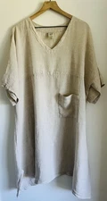 Match Point USA Women's Beige Linen V-Neck Midi Dress Pocket Lagenlook Sz Large