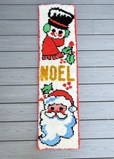 Vtg Latch Hook Santa Christmas Snowman Noel Wall Hanging 46.5" x 12" Rug