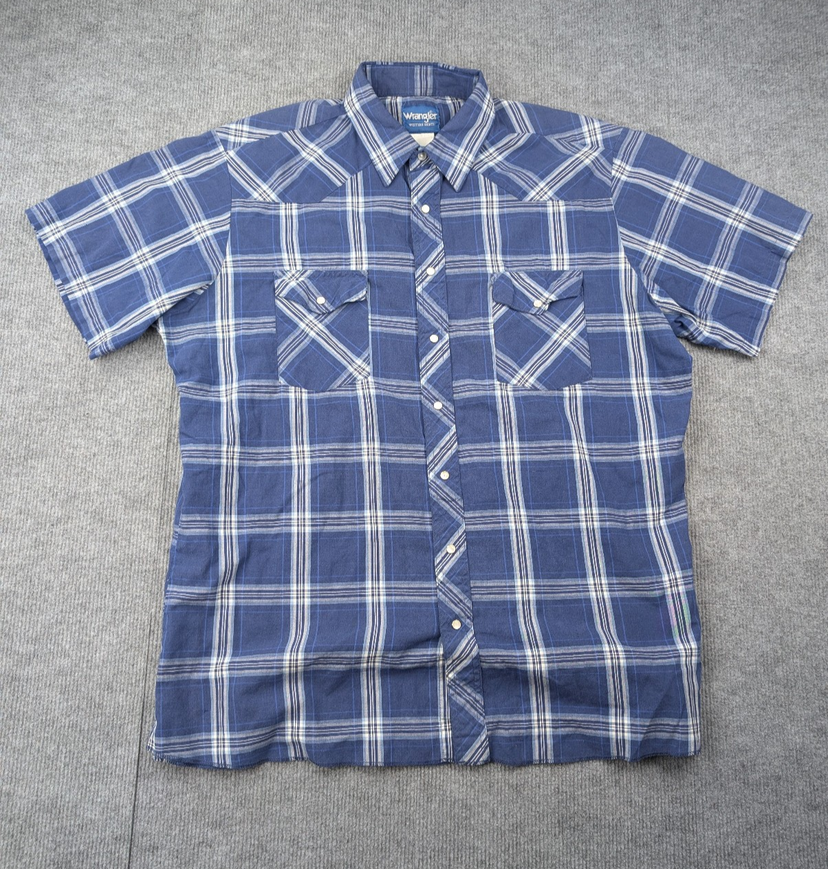 Wrangler Pearl Snap Shirt Men XL Vintage Blue Plaid Lightweight Western Workwear