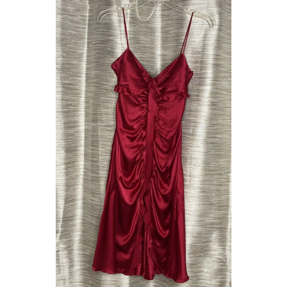 Dina Bar-El 100% Silk Red Ruffled Dress A-line Spaghetti Strap Side Zip Medium - Image 4 of 4