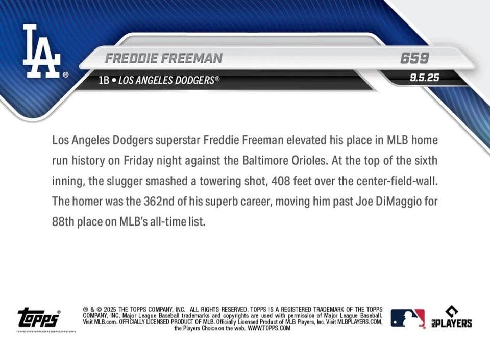 Freddie Freeman 2025 MLB Topps Now Card Los Angeles Dodgers Home Run Record 659 - Image 2 of 3