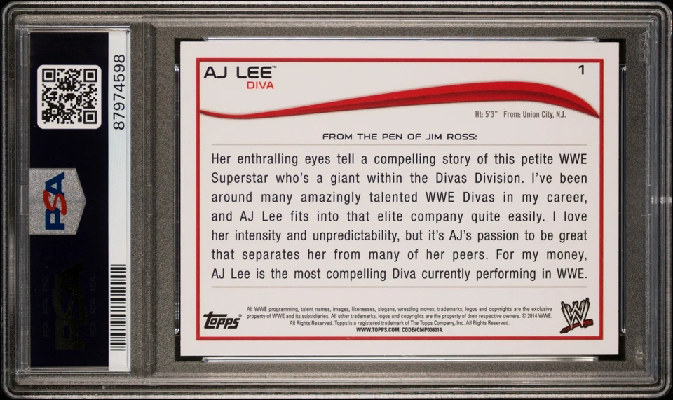 AJ Lee 2014 Topps WWE RAW #1 Rookie RC PSA 10 Gem Mint Pop 9 - Image 2 of 3