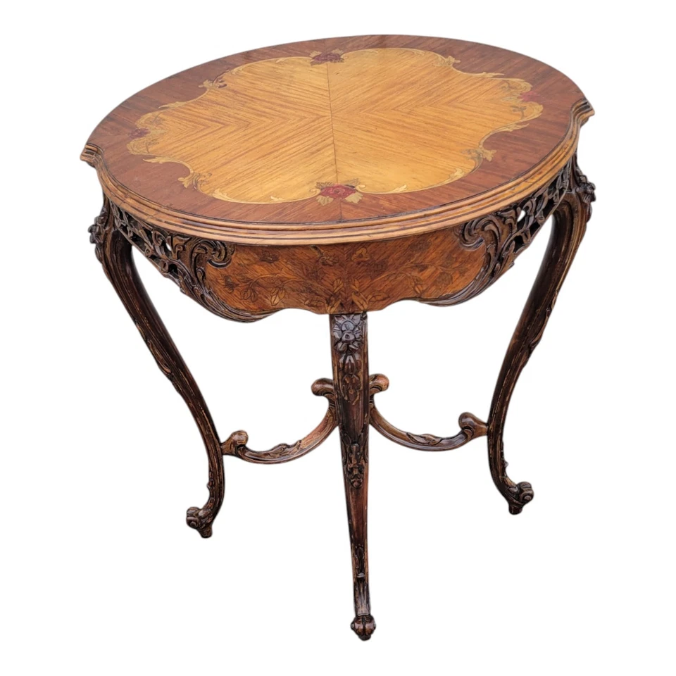 1940s Italian Walnut & Satinwood Inlay Carved Side Sofa Occasional Table - Image 3 of 4