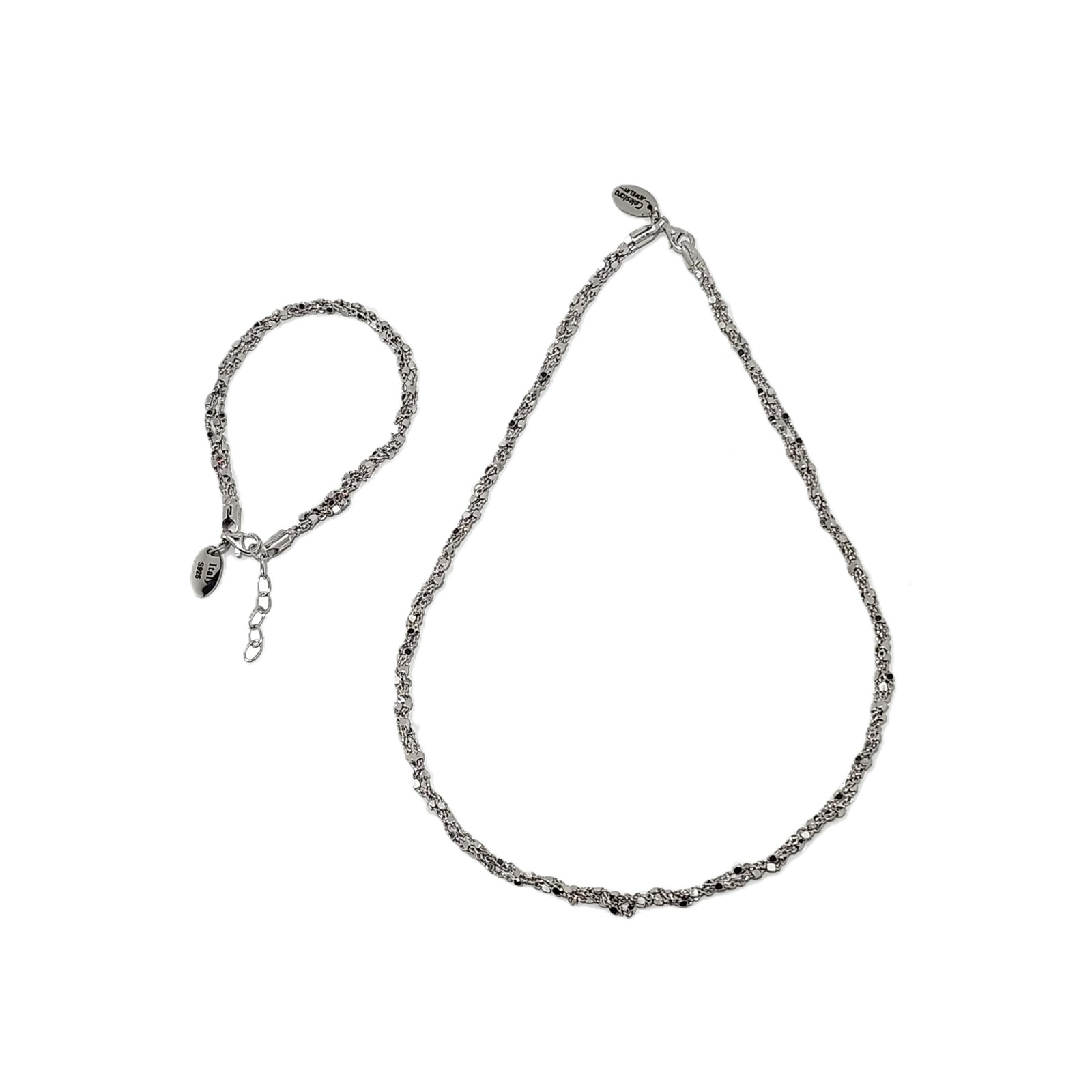 Italian-Made, Solid 925 Sterling Silver Rope Chain Jewelry Set, rhodium coate...