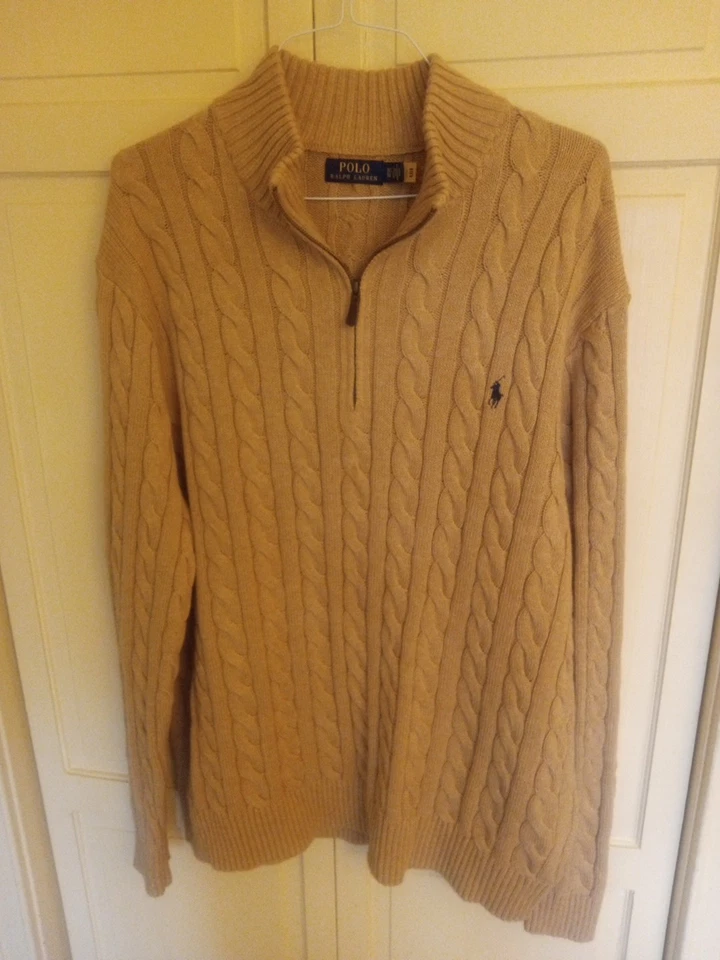  Suéter de algodón tejido con cable con cremallera 1/4 Polo Ralph Lauren para hombre: CAMEL - XLT Foto 2 de 4