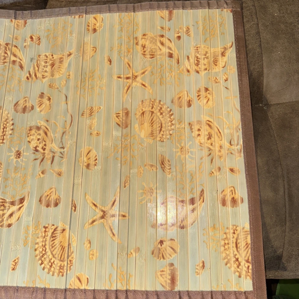 Vintage Bamboo Roll-Up Mat with Nautical Seashell Pattern 34”x21” Bathroom May - Image 2 of 4