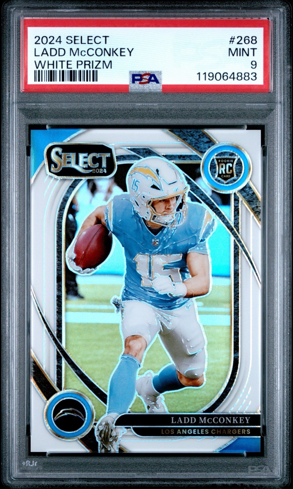 2024 Panini Select White Prizm #268 Ladd McConkey RC Rookie Jersey# /35 PSA 9
