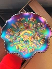Super Electric Purple Northwood Carnival Glass Good Luck Pattern Ruffled Bowl