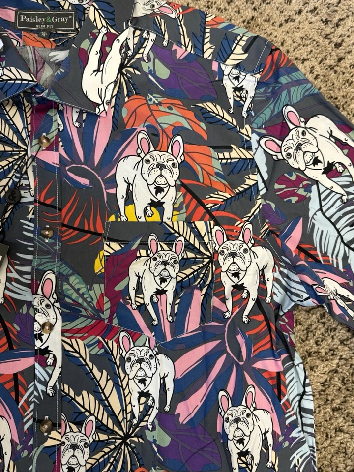 Camisa social masculina paisley e cinza 2XL slim fit buldogue francês estampa floral Frenchie - Imagem 4 de 4