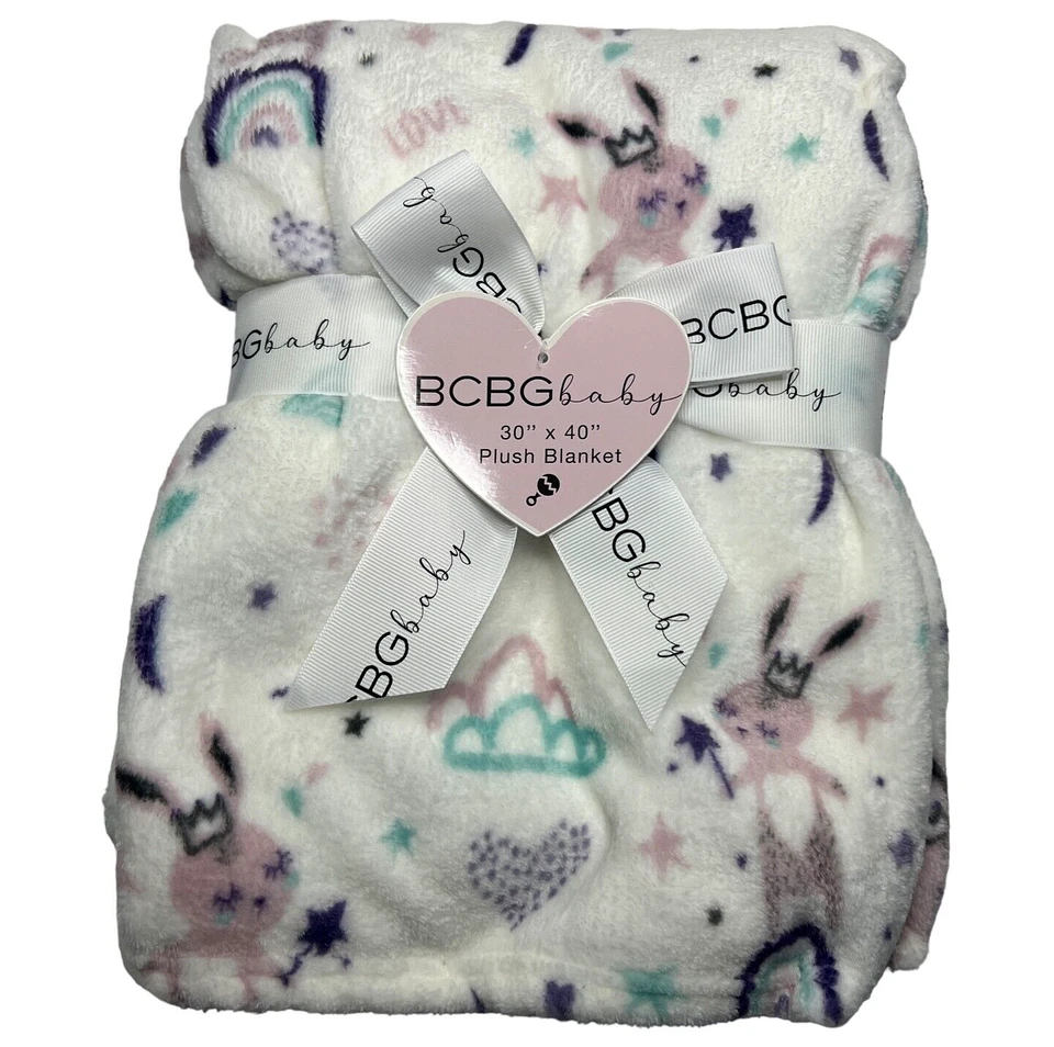 NUEVO BCBG Manta Bebé Arco Iris Corazón Luna Estrellas Nubes Peluche Conejo Pascua Foto 2 de 4
