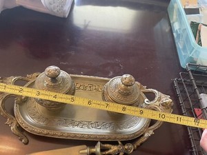 Fabulous brass inkwell vintage with 2 glass inserts and letter opener