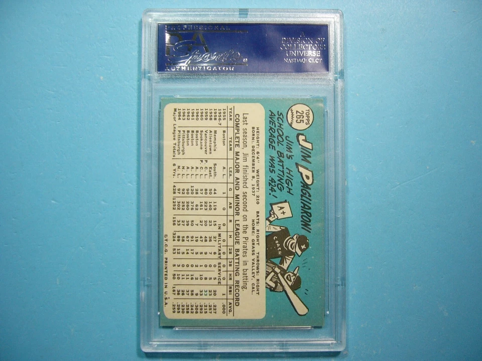 1965 TOPPS MLB BASEBALL CARD #265 JIM PAGLIARONI PSA 8 NM/MINT SHARP+ '65 GL - Image 2 of 4
