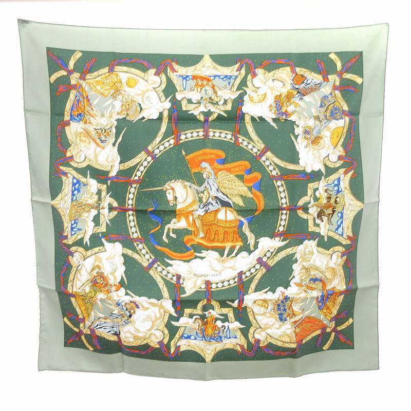 Hermes Care 90 Cavaliers Des Nuages Cloud Knight Scarf Stole Silk Green Sm1 Ladi