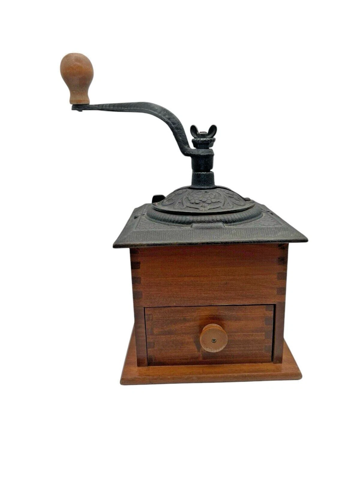 Antique Cast Iron Spice Coffee Mill Grinder Wooden Dovetailed Box