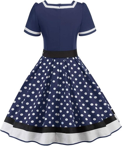 Damen Sommerkleid Freizeit Gürtel Vintage Retro 50s Kurzarm gepunktet - Picture 2 of 3