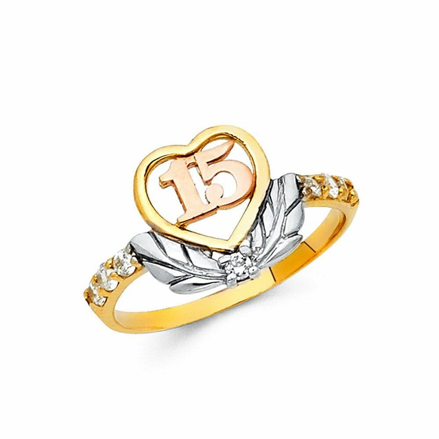 14k Real Tricolor Solid Gold Quince 15 CZ Quinceañera Ring Oro Solido