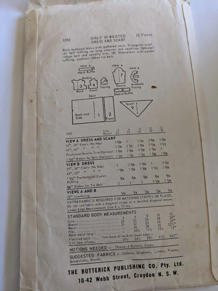 50s Vintage Butterick Pattern 3200 Girls Yoked Dress With Buttons& Scarf Size 8 - Image 2 of 2