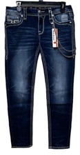 JEANS AJUSTADOS ROCK REVIVAL SABRI MUJER COSTURAS EN CONTRASTE CON CADENA TALLA LATERAL