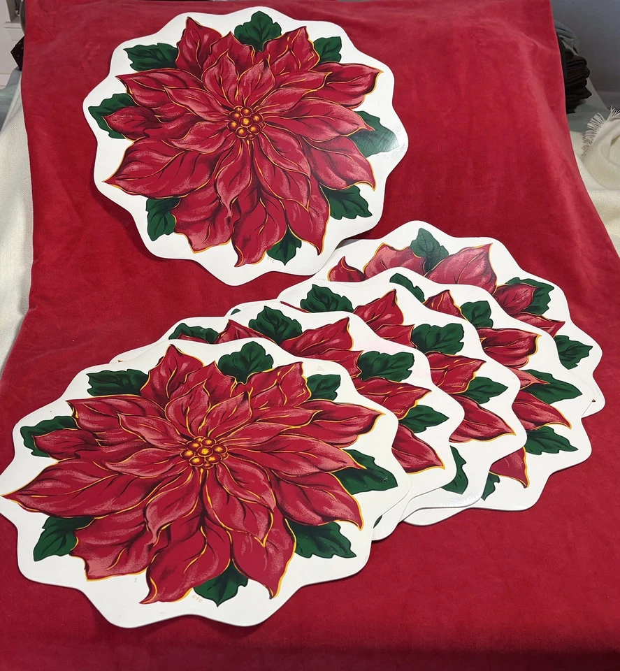 "Juego de 6 manteles individuales troquelados de vinilo vintage con flor de pascua roja grande 15""" Foto 4 de 4