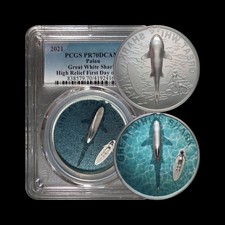 PALAU. 2021, 5 Dollars, Silver - PCGS PR70 - Top Pop 🥇 Great White Shark RARE 3