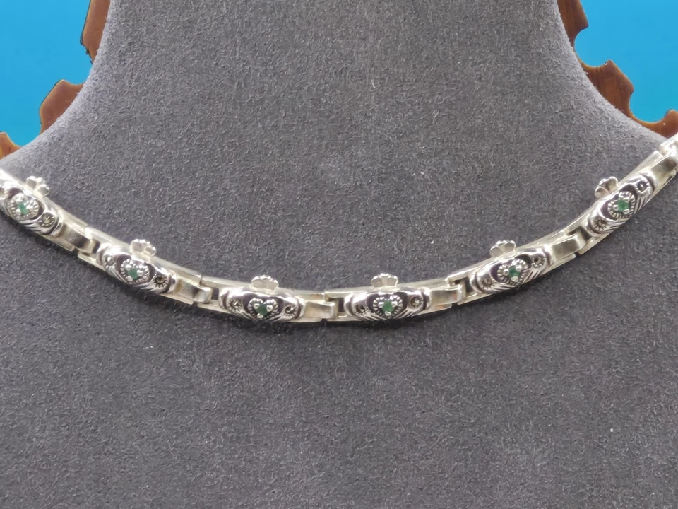 Irish Sterling Silver Ireland 925 Claddagh Bracelet Green Natural Emerald - Image 4 of 4