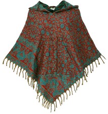 Ethno Hippie Poncho mit langer Zipfelkapuze - petrol