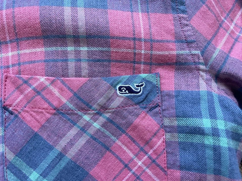 Camisa Vineyard Vines para mujer 8 rosa azul a cuadros con botones calce relajado manga larga Foto 2 de 4