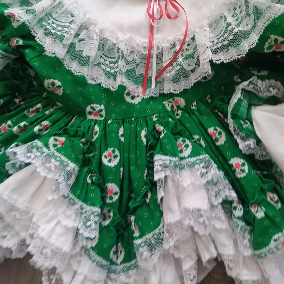Винтажный крышка l Dolly's платье девочек 1T полный круг зеленый красный Рождество оборки кружева - Изображение 3 из 4