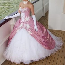 Vintage Pink  White Strapless Ball Gown Wedding Dresses Corset Bridal Gowns