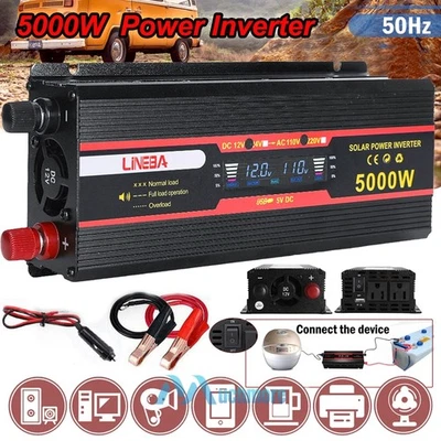 LINEBA 5000W Car Power Inverter DC 12V 24V To AC 110V Sine Wave Solar Converter LCD USB