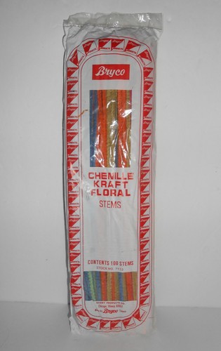Vintage BRYCO Chenille Kraft Floral Stems, 1 pkg Assorted Colors 100 stems, 12”