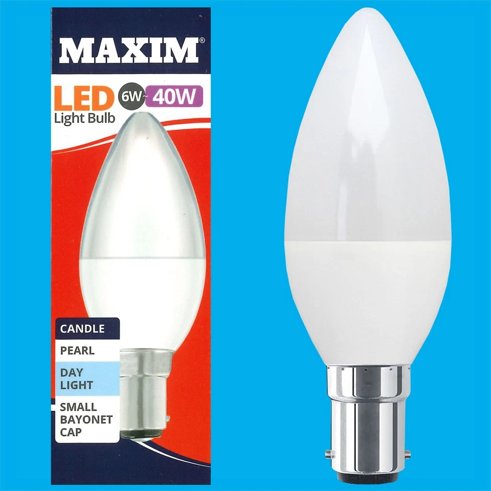 MAXIM 6x 6W (=40W) LED Pearl Candle Light Bulbs, SBC B15 6500K Daylight White Lamps