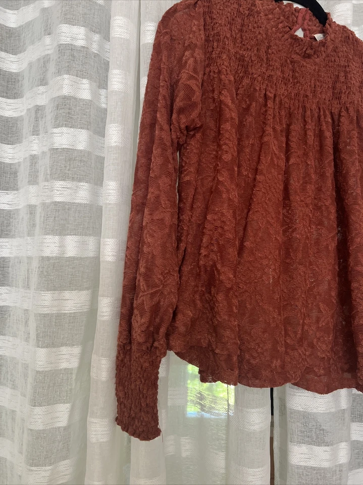 Anthropologie Deletta Amanna 蕾丝缩褶燃烧橙色 S 码长袖上衣 #C — 第 3/4 张图片