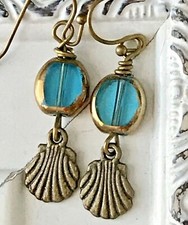 Beautiful Bronze Shell  Aqua Glass Bead Earrings. Boho Chic. Ocean. Beach.