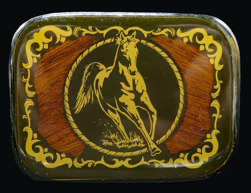 Harmony Metals Belt Buckle Solid Brass Wood Inlay Galloping Running Horse
