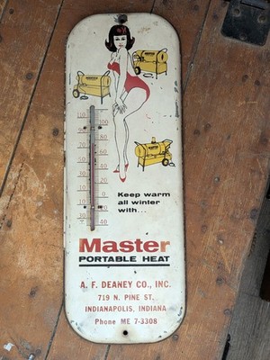 Tin Litho Master Portable Heat Thermometer Indianapolis Indiana Advertising Sign