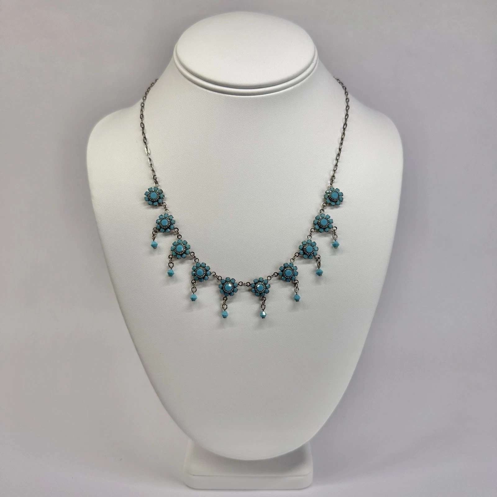 BELLAGIO USA Floral Crystal Dainty Fringe Silver Tone Vintage Necklace N672